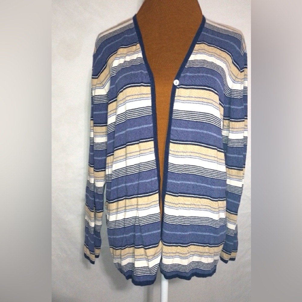 Talbots XL Knit Blue Tan Creme Striped Cardigan Sweater